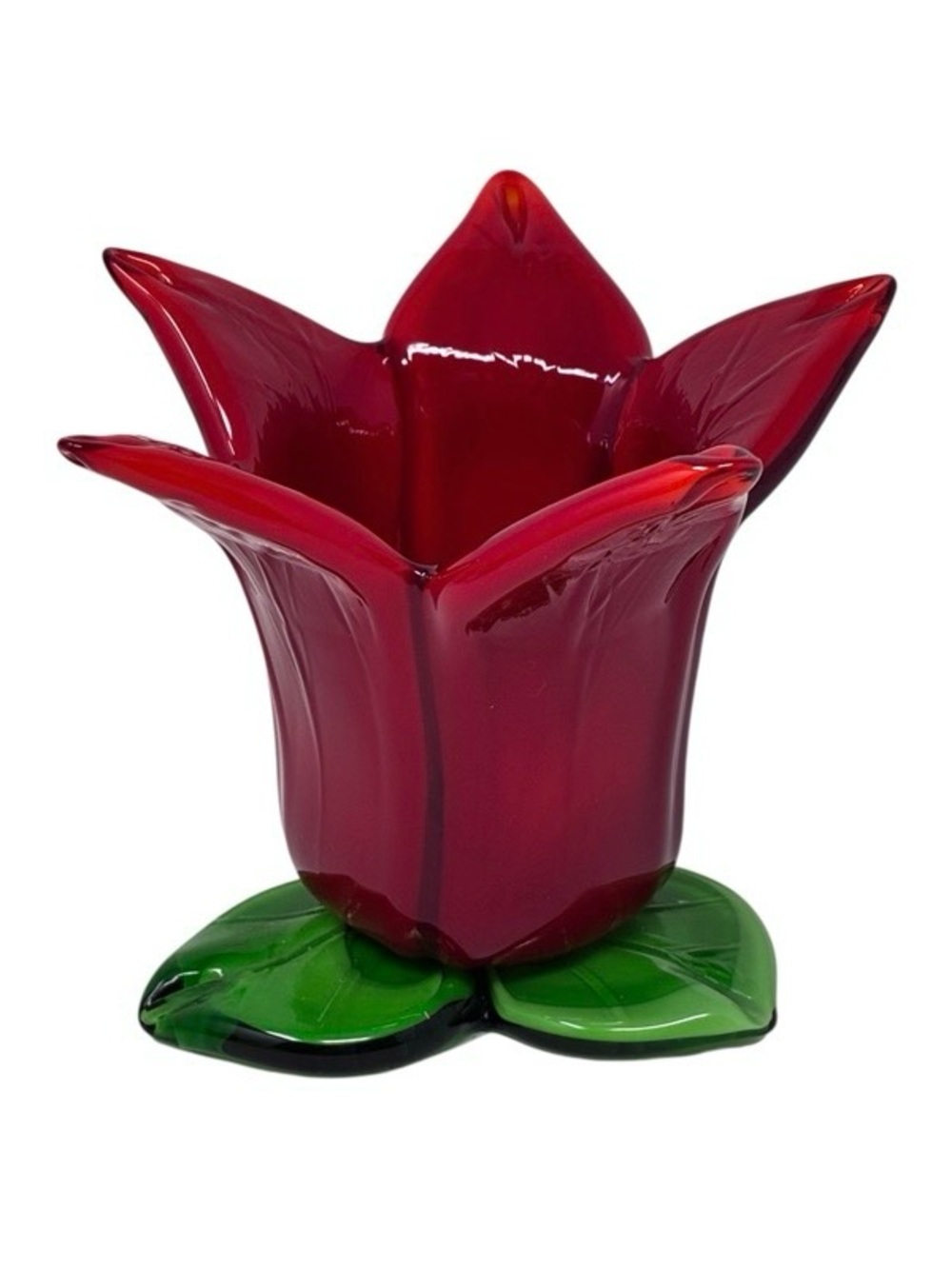 Red Glass Tulip Candle Holder with Green Leaf Base